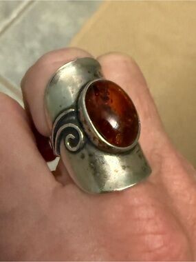 OR PAZ 925 Sterling Vintage Israel Real Baltic Amber Statement Ring Size 6 EUC